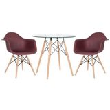 Mesa Redonda Eames Com Tampo De Vidro 80 Cm + 2 Cadeiras Eiffel Daw Marrom