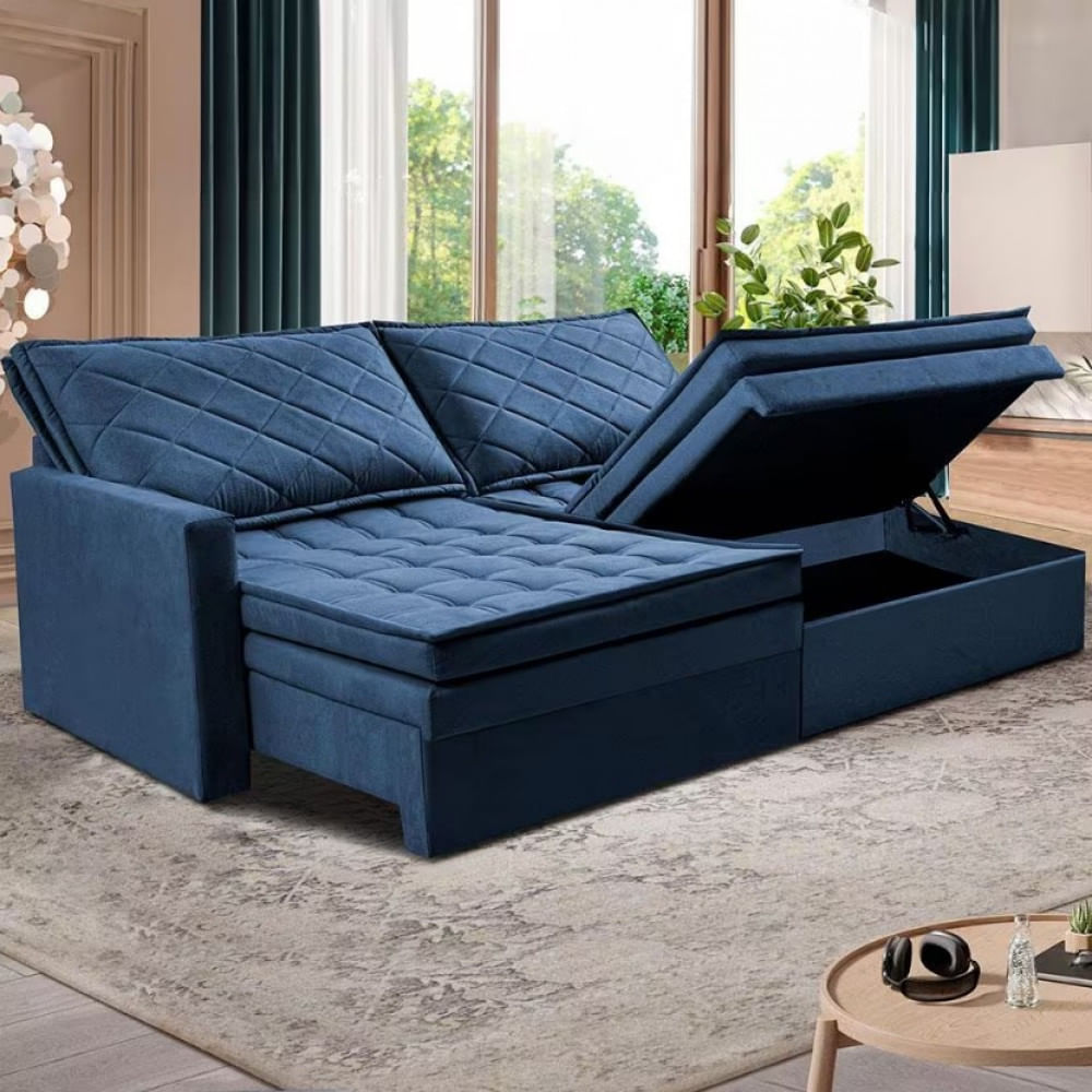 Sofá 3 Lugares Cama Inbox Marselha 180cm Retrátil Com Baú E Revestimento Suede Velusoft