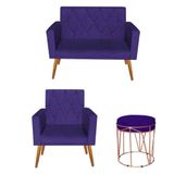 Kit Namoradeira E Poltrona Decorativa Capitonê Thais E Puff Aramado Suede Roxo