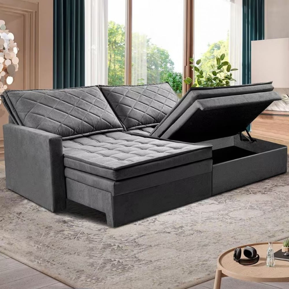 Sofá 3 Lugares Cama Inbox Marselha 180cm Retrátil Com Baú E Revestimento Suede Velusoft