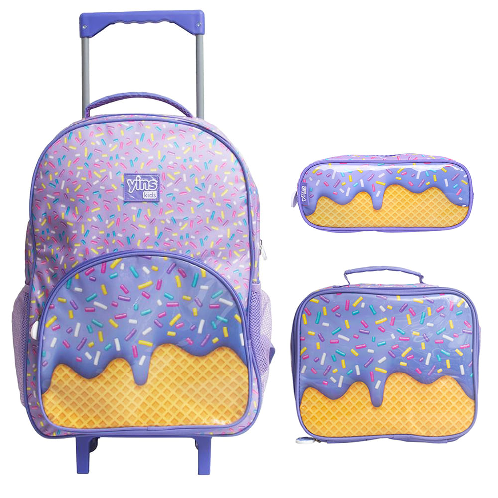 Kit Mochila Escolar Infantil De Rodinhas Com Lancheira E Estojo Yins Em Poliester Candy Roxo