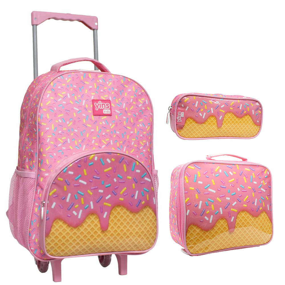 Kit Mochila Escolar Infantil De Rodinhas Com Lancheira E Estojo Yins Em Poliester Candy Rosa