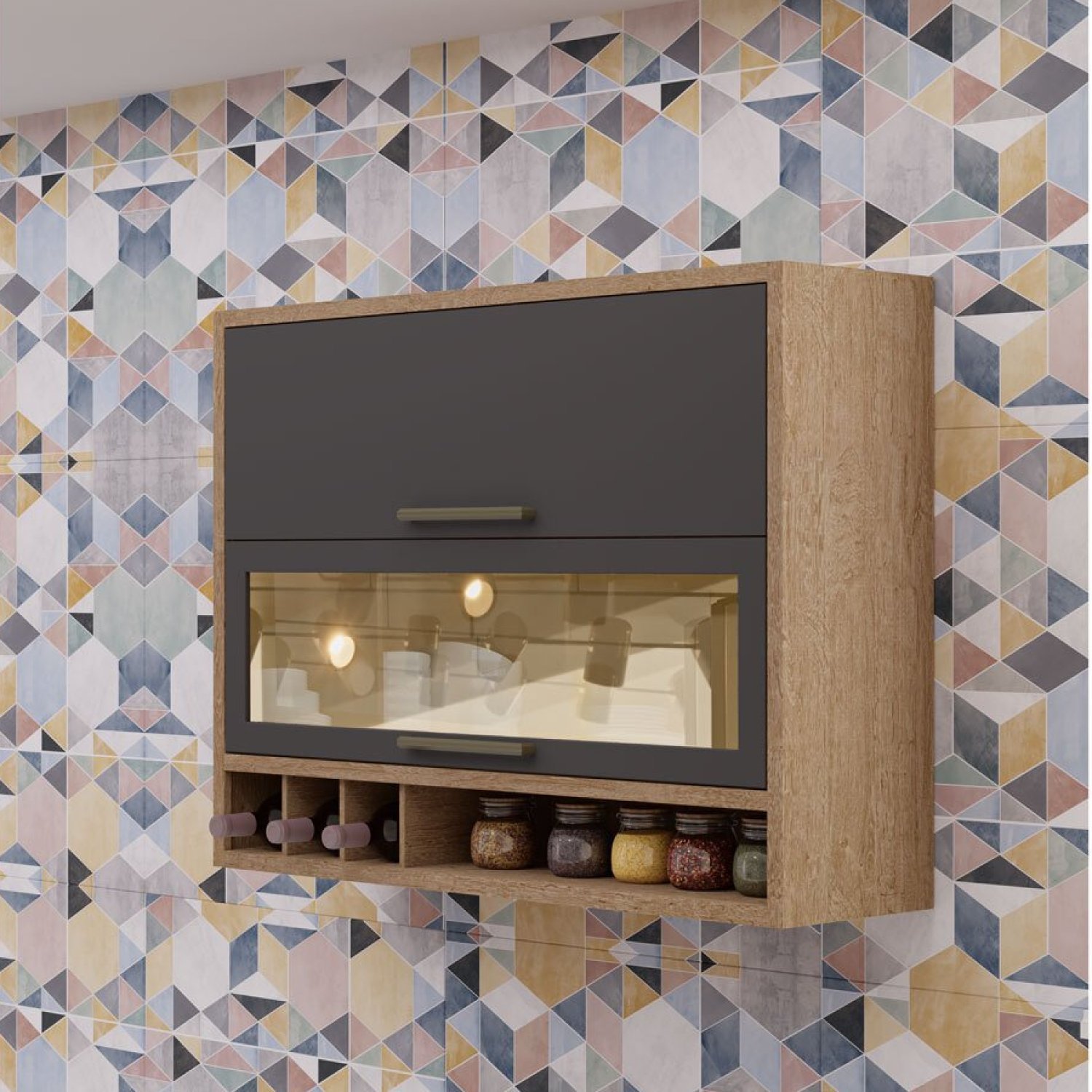 Armário Aéreo De Cozinha 120cm Com 2 Portas Basculantes E Vidro Reflecta 100% Mdf Vicenza  Castanho/cinza