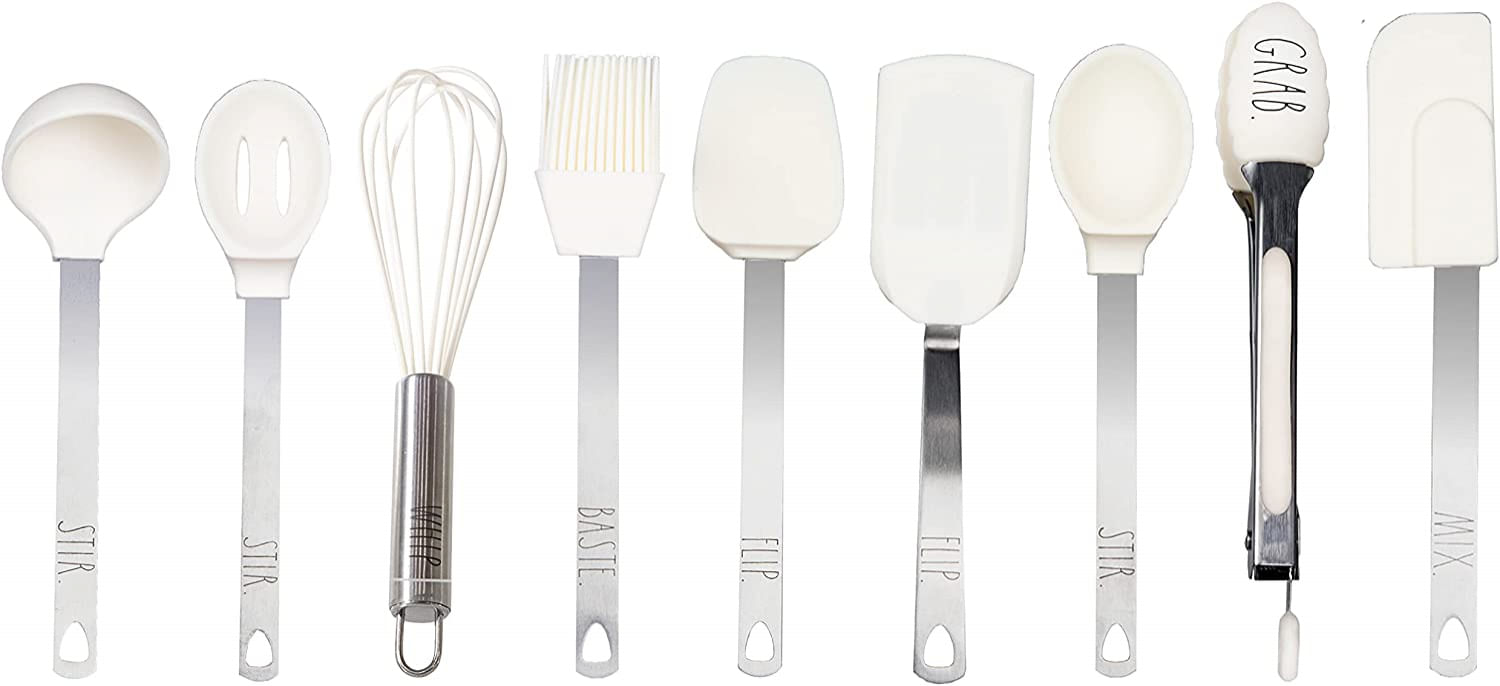 Rae Dunn Everyday Collection 9 Peça Mini Conjunto De Utensílios De Cozinha Aço Inoxidável E Ferramentas De Cozinha De Silicone- (branco)