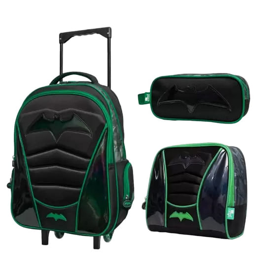 Kit Mochila Escolar Infantil Yins De Rodinhas Com Lancheira E Estojo Em Pvc Holografico Batman Verde