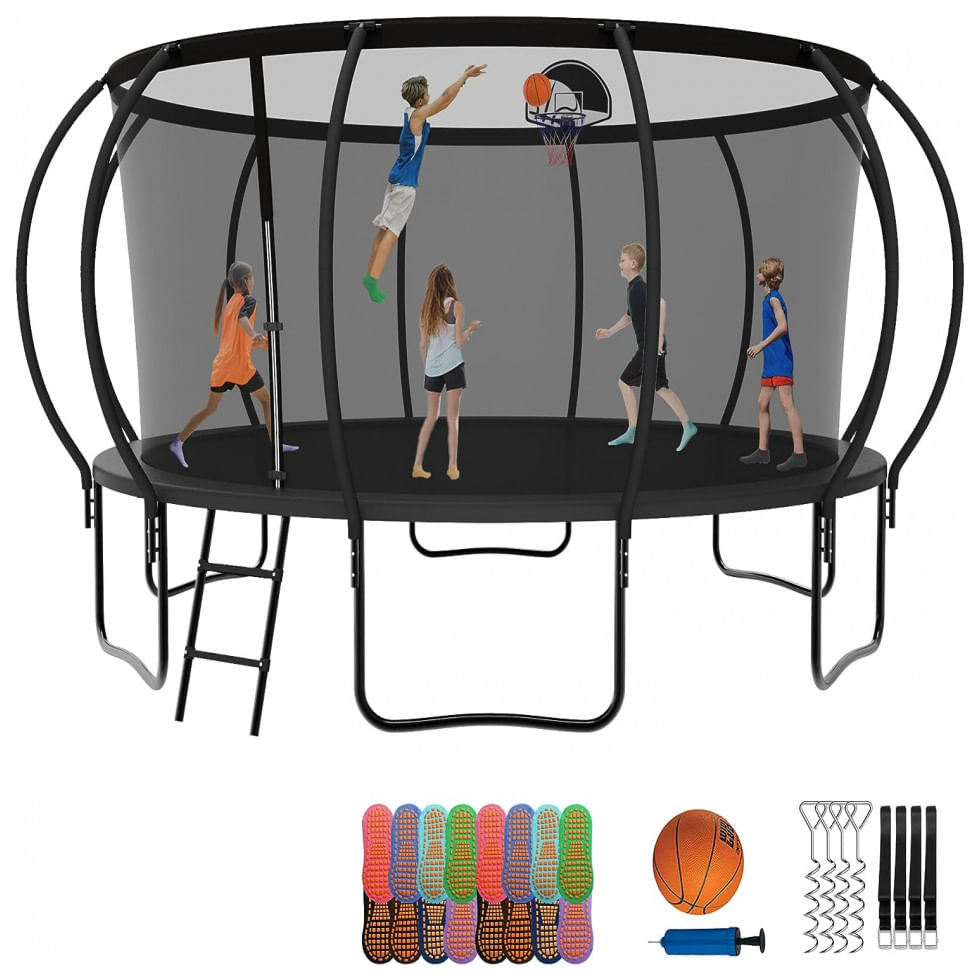 Cama Elastica Capacidade Até 680 Kg Com Cesta De Basquete E Pólos Curvos, Elitezip, Preto