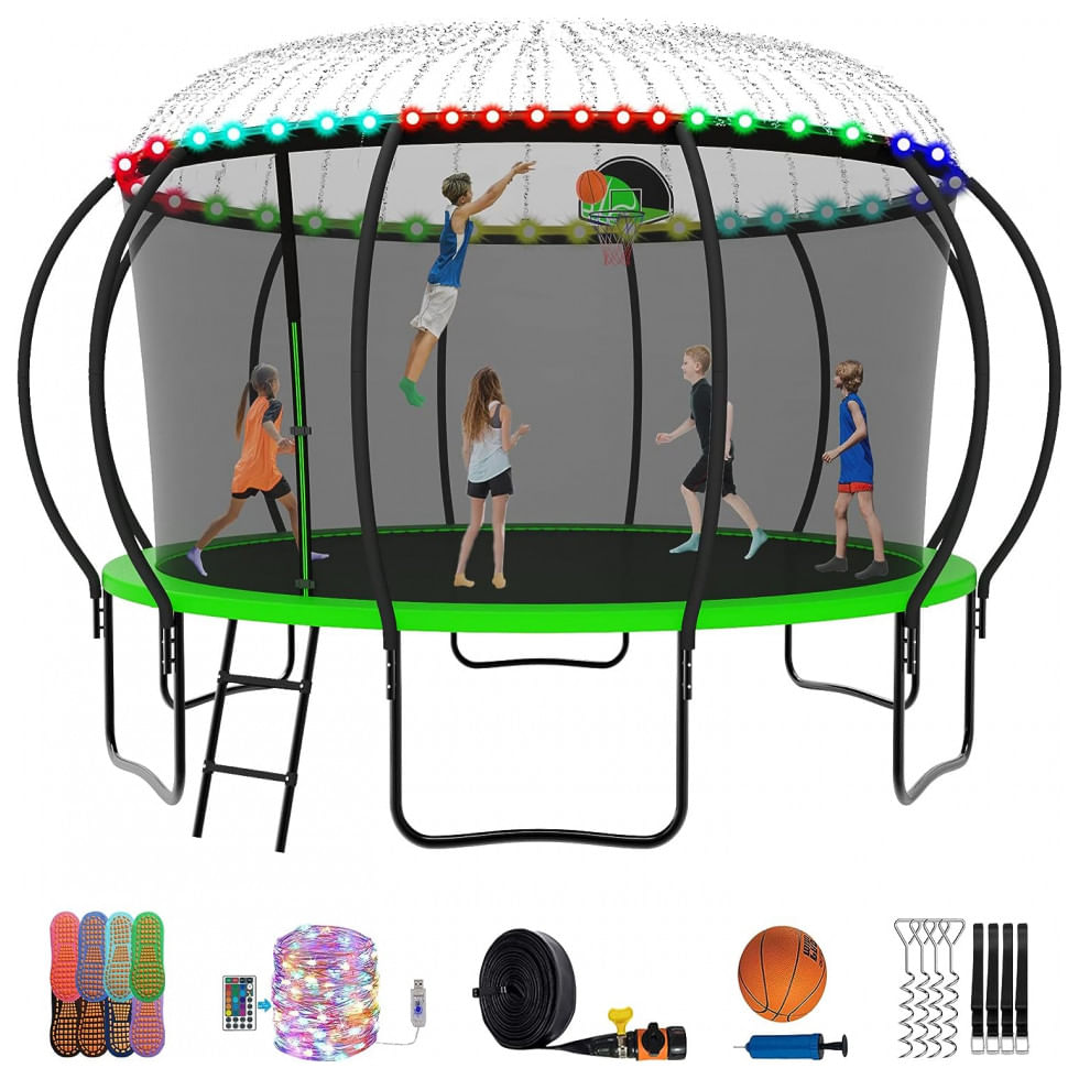 Cama Elastica Capacidade Até 680 Kg Com Cesta De Basquete, Pólos Curvos E Luz Led, Elitezip, Verde