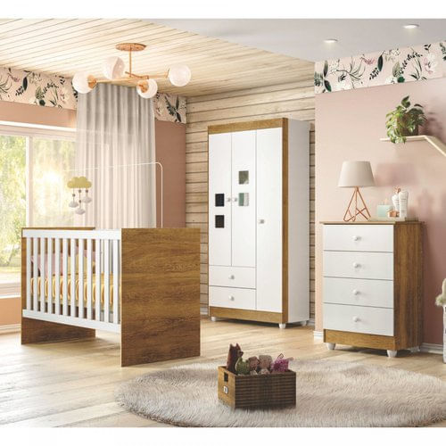 Quarto de Bebê 100% MDF Berço com Colchão, Cômoda Soft e Guarda Roupa 3 Portas Life Branco/Ypê