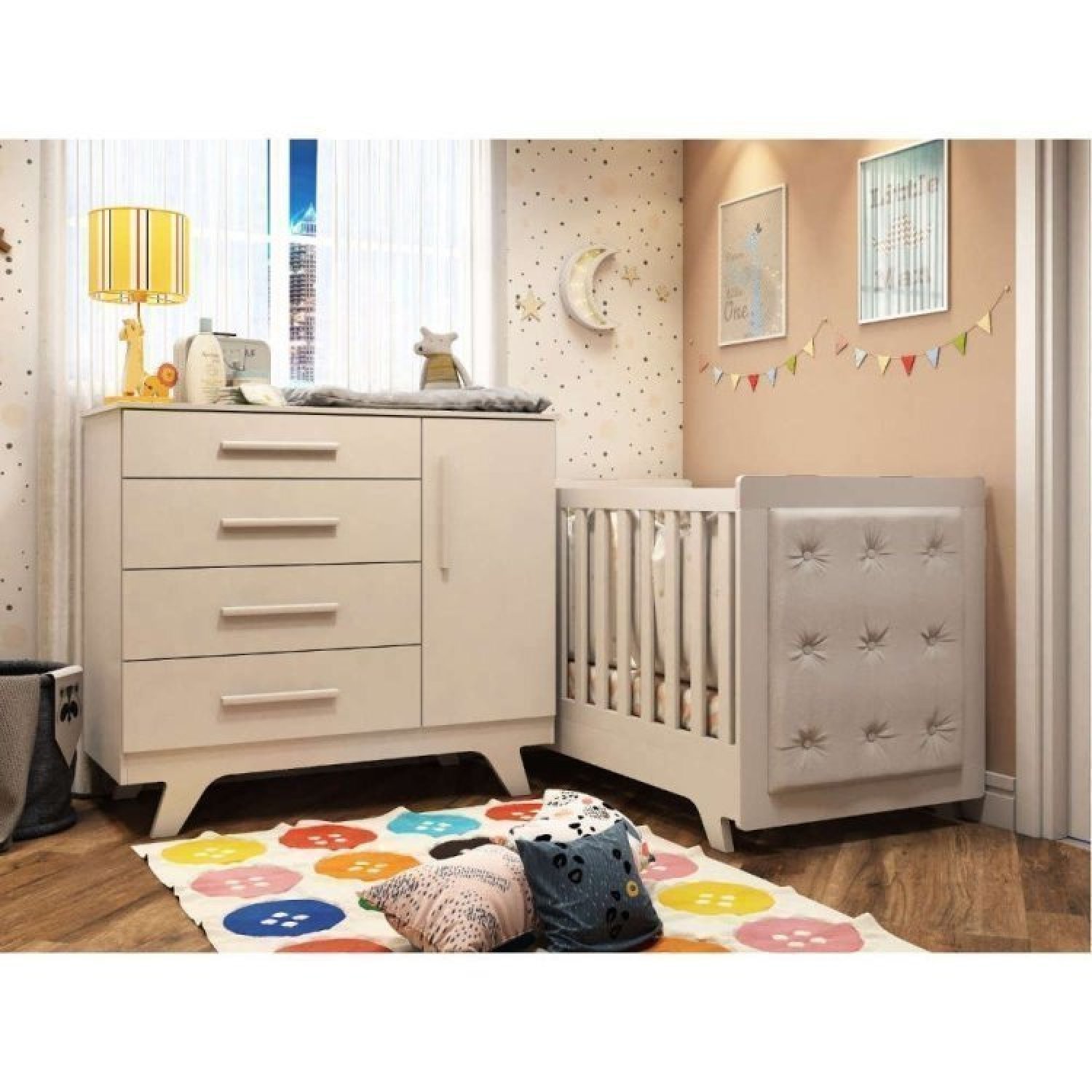 Quarto De Bebê Com Cômoda 1 Porta 4 Gavetas E Berço Com Capitonê Retrô Jolie Branco Brilho