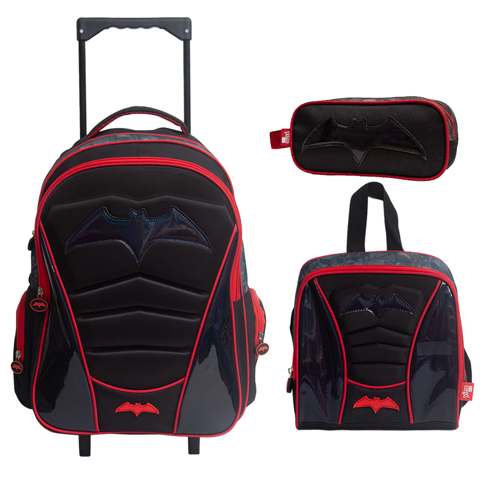 Kit Mochila Escolar Infantil Yins De Rodinhas Com Lancheira E Estojo Em Pvc Holografico Batman Vermelho