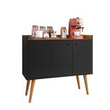 Aparador Buffet Wood Prime 3 Portas Cantinho Café Prateleira Organizadora Pés Palito Decoração Retrô - Preto|Nature - RPM Móveis