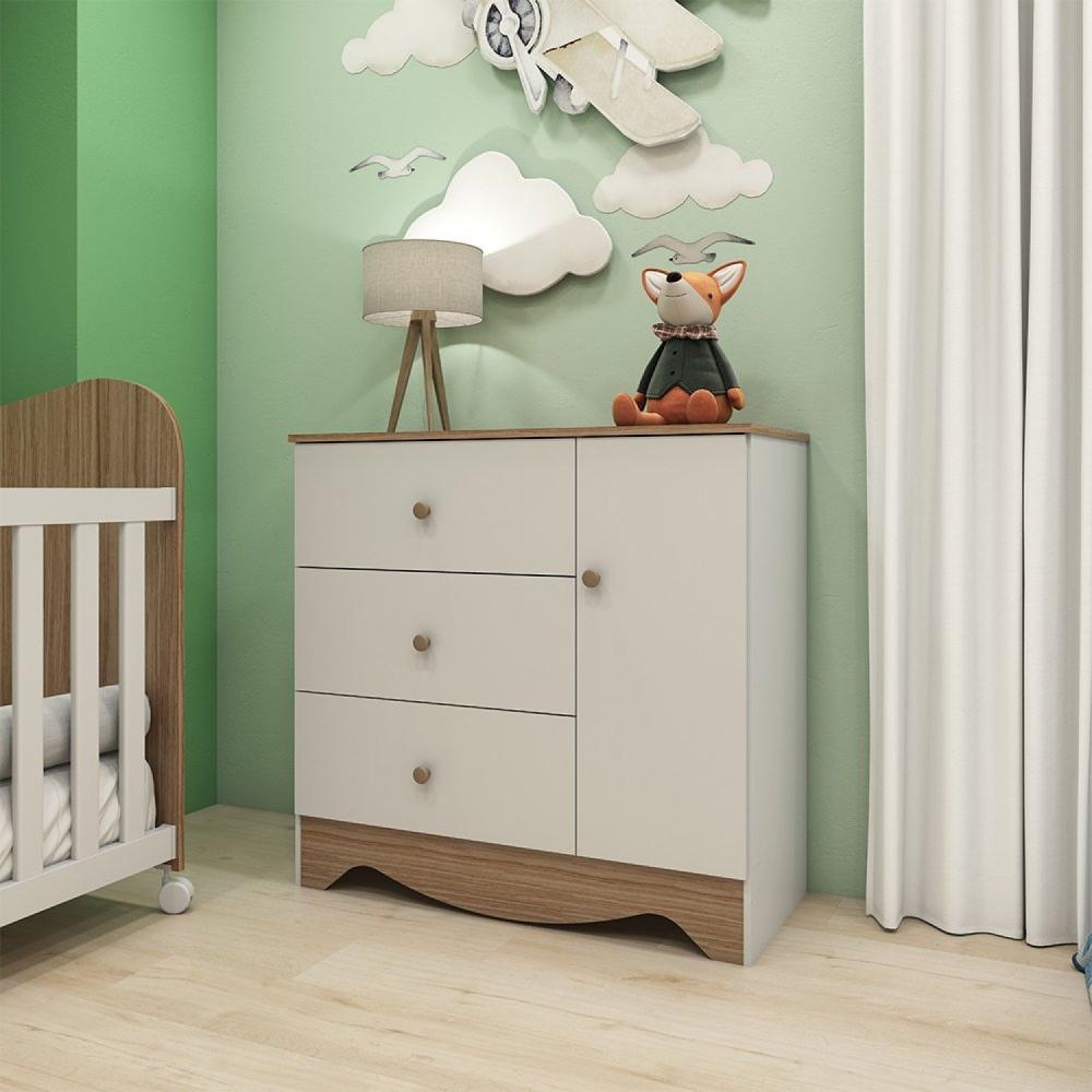 Cômoda Infantil em MDF 1 Porta 3 Gavetas Ben Móveis Peroba Branco Brilho/Carvalho