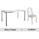 Sala De Jantar Completa Reno C Tampo Vidro 150cm 6 Cadeiras Holanda Cromado Courano Nude Kappesberg