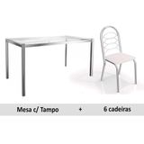 Sala De Jantar Completa Reno C Tampo Vidro 150cm 6 Cadeiras Holanda Cromado Courano Branco Kappesberg