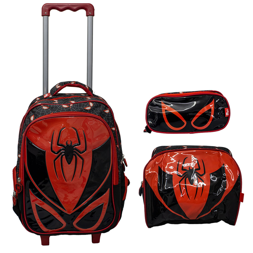 Kit Mochila Escolar Infantil De Rodinhas Com Lancheira E Estojo Yins Em Pvc 3d Kids Spider [cor: Preto - Tamanho: U]