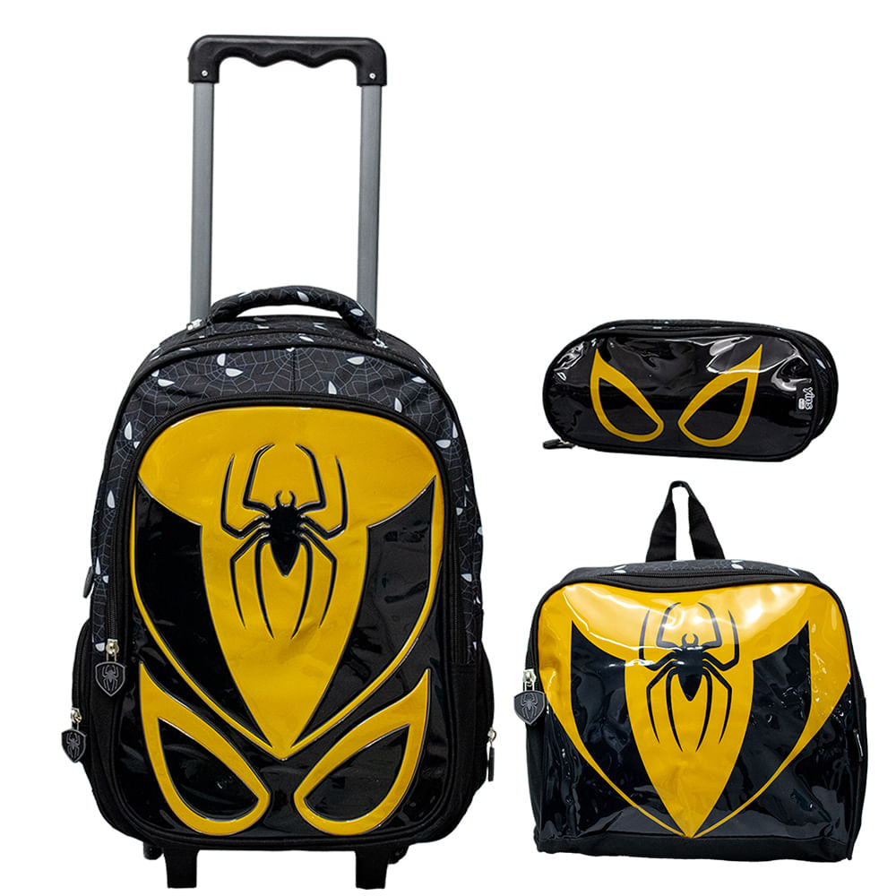 Kit Mochila Escolar Infantil De Rodinhas Com Lancheira E Estojo Yins Em Pvc 3d Kids Spider [cor: Amarelo - Tamanho: U]