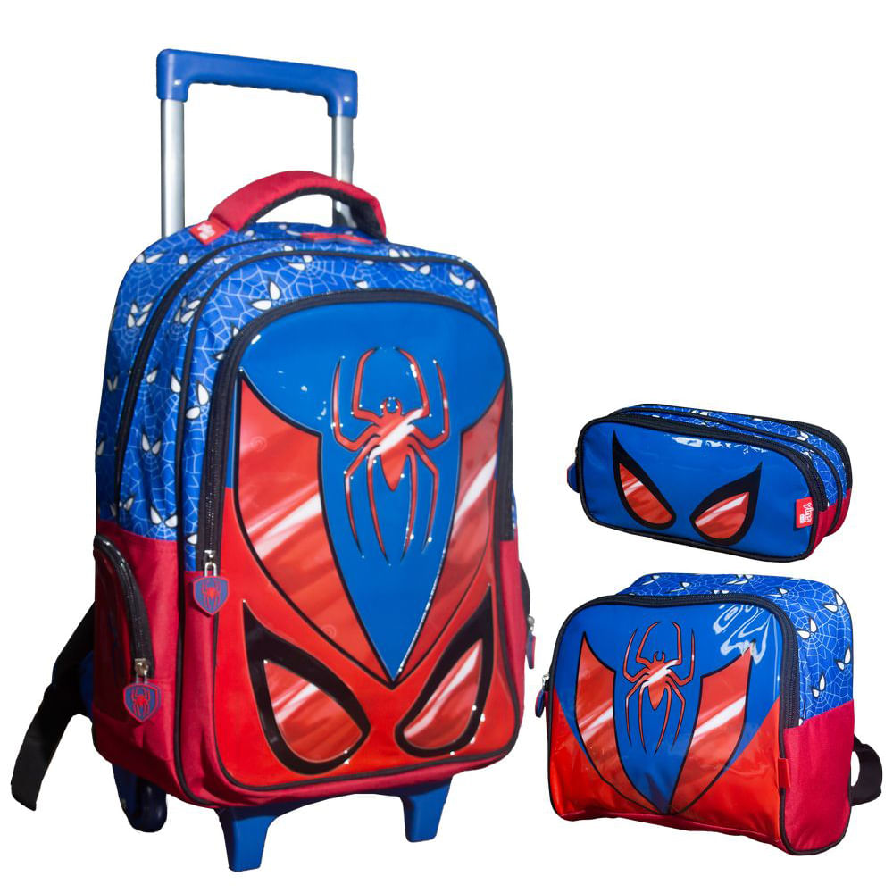 Kit Mochila Escolar Infantil De Rodinhas Com Lancheira E Estojo Yins Em Pvc 3d Kids Spider [cor: Azul - Tamanho: U]