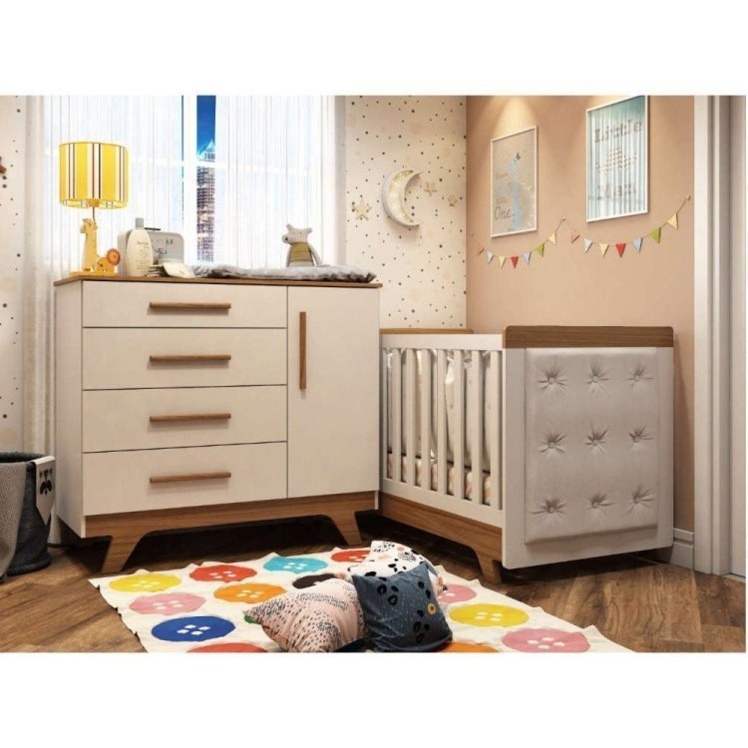 Quarto De Bebê Com Cômoda 1 Porta 4 Gavetas E Berço Com Capitonê Retrô Jolie Branco Brilho/carvalho