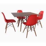 Conjunto De Mesa De Jantar Eames Eiffel Quadrada 90cm Tampo De Madeira Amêndoa Com 4 Cadeiras Vermel