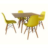 Conjunto De Mesa De Jantar Eames Eiffel Quadrada 90cm Tampo De Madeira Amêndoa Com 4 Cadeiras Amarel