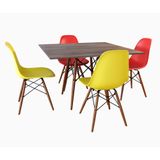 Conjunto Jantar Eames Tampo Quadrado Amadeirado 90cm -  4 Cadeiras: 2 Vermelhas, 2 Amarelas