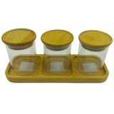 Kit 3 Potes Mantimentos 200ml + Petisqueira Retangular Bambu