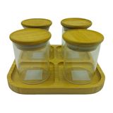 Kit 4 Potes Mantimentos 200ml + Petisqueira Quadrada Bambu