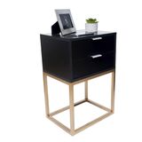 Mesa Cabeceira Preto 40cm Industrial 2 Gavetas Base Dourado