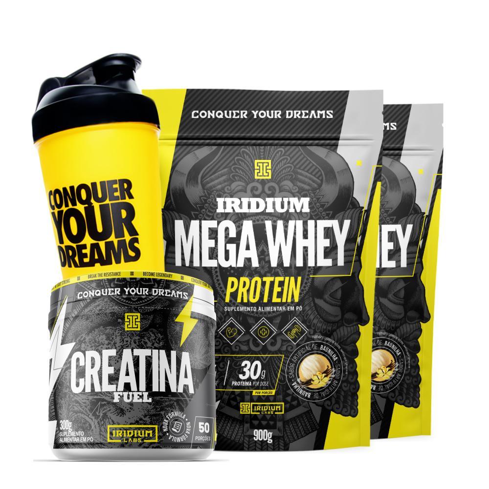 Kit 2x Whey Protein Mega + Creatina Fuel 300g + Coqueteleira