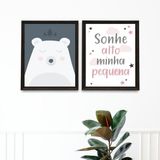 Kit 2 Quadros Quarto Bebê Urso Rosa E Cinza 45x34cm - Vidro