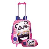 Kit Mochila Panda Rosa Meninas Escolar Rodinhas