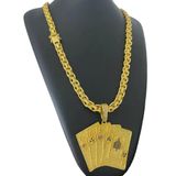 Cordão Cadeado Duplo 10mm + Pingente Cartas - Banhado A Ouro