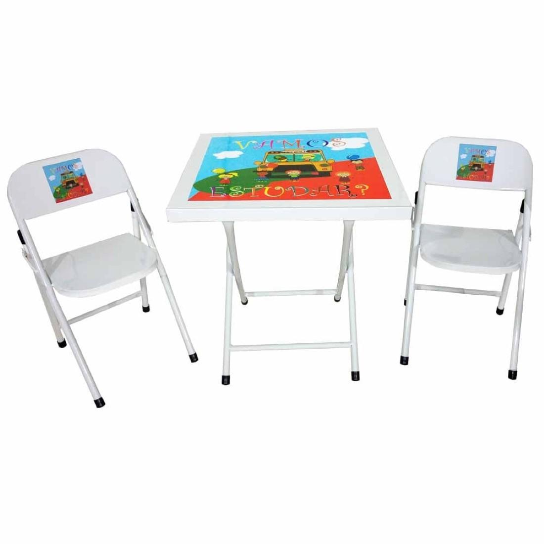 Conjunto Mesa De Ferro Infantil Dobrável 2 Cadeiras Açomix