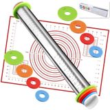 Rolo Pin Antiaderente E Silicone Panificação Kit De Combinação De Mat De Massa, Rolo Ajustável Com Anéis De Espessura, Rolo Para Fondant De