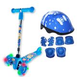 Patinete Infantil 3 Rodas Ajustavel Azul Com Led E Capacete