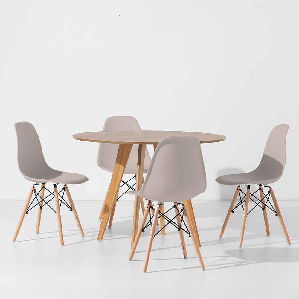 Conjunto Mesa De Jantar Square Redonda  Freijó - 88cm + 4 Cadeiras Eiffel - Bege Acinzentado