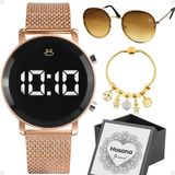 Relogio Feminino Dourado Aço + Pulseira + Caixa + Oculos Sol