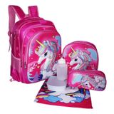 Kit Mochila Unicórnio 3d Feminina Escolar Costas