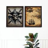 Kit 2 Quadros Decorativos Mapa Pirata 33x24cm - Com Vidro