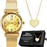 Relogio Feminino Aço Dourado + Colar Coração Amor Strass