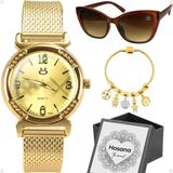 Relogio Feminino Dourado Aço + Oculos Sol + Pulseira