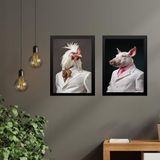 Kit 2 Quadros Animais - Porco E Galo Elegantes 33x24cm Vidro