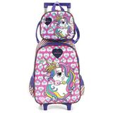 Kit Mochila Rodinhas Lancheira Luxcel Up4you Unicórnio Roxo