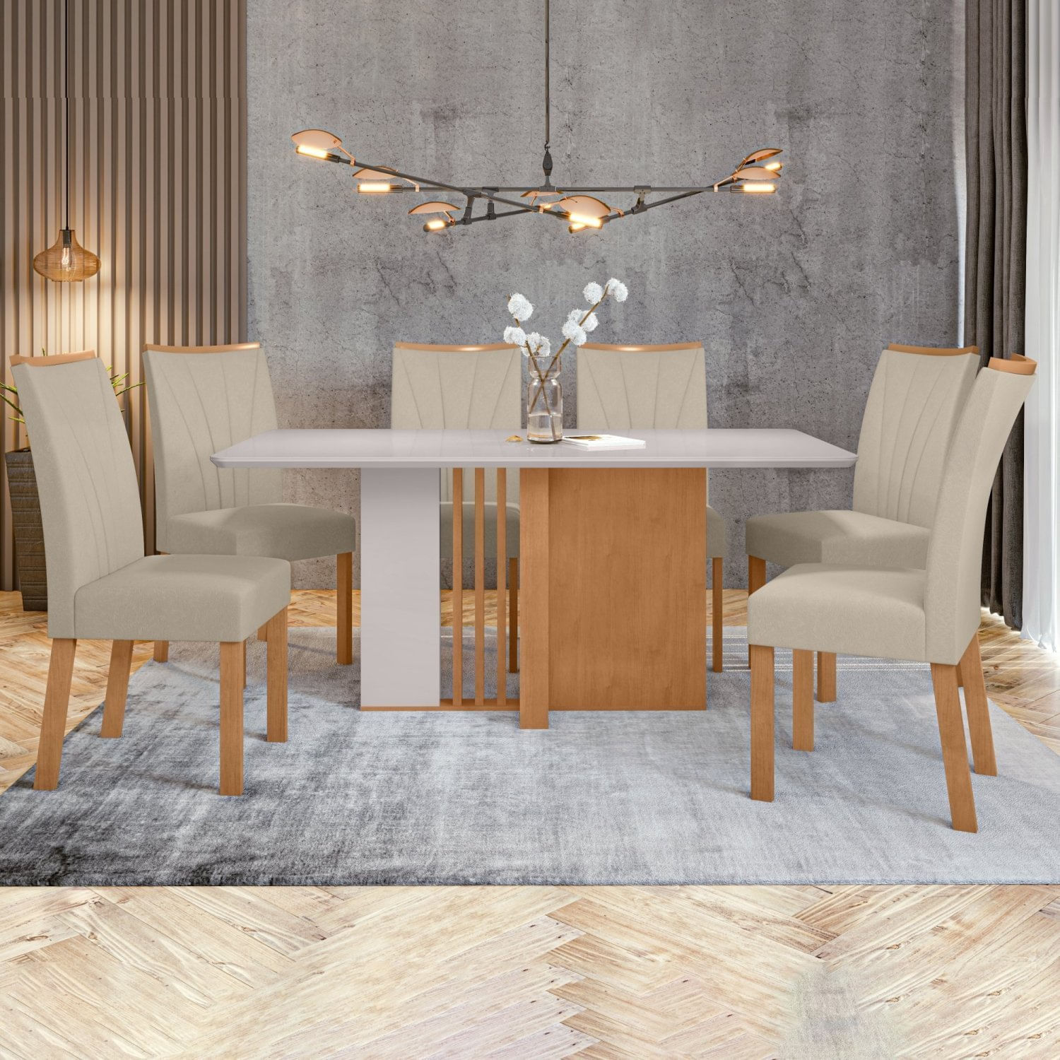 Conjunto Mesa 170cm Astrid Com Vidro E 6 Cadeiras Apogeu Amêndoa Clean/off White/ Creme