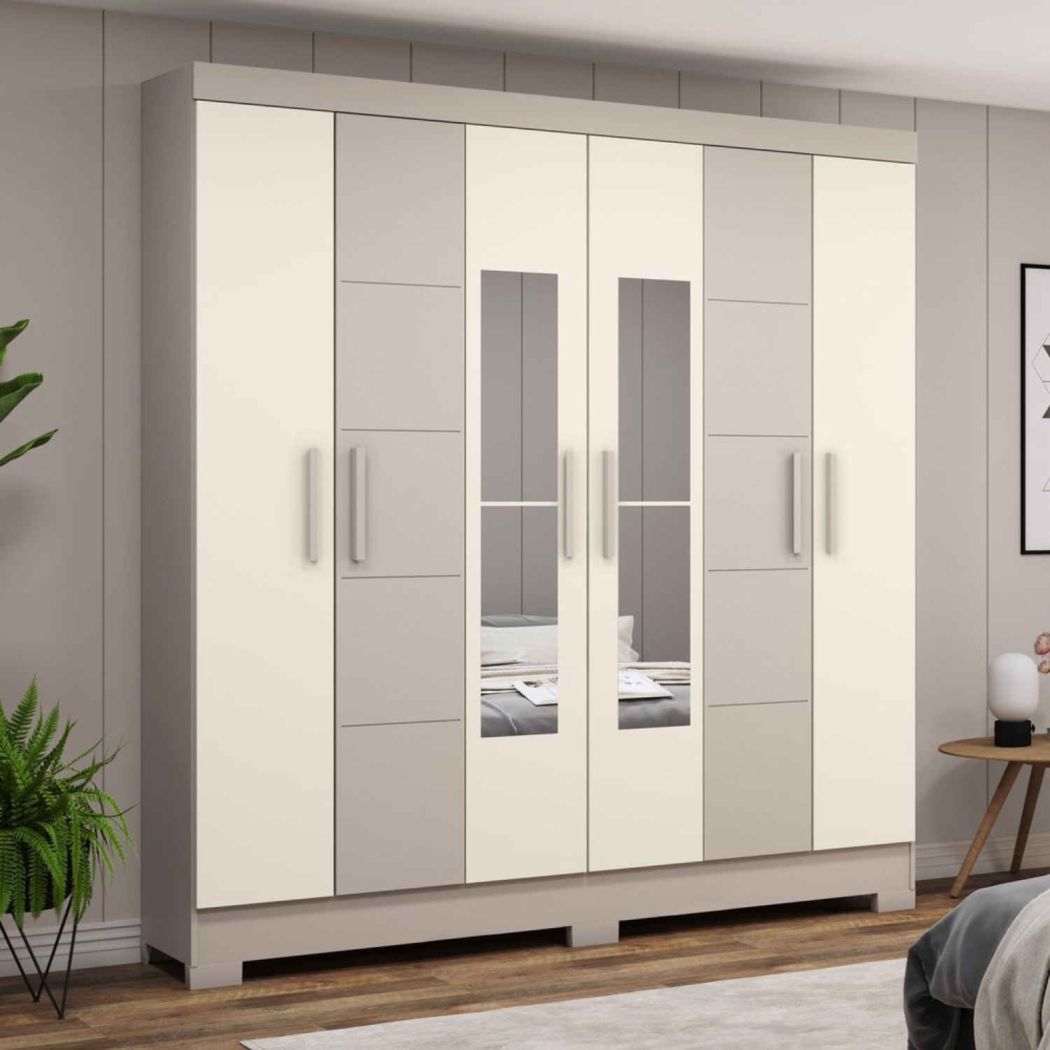 Guarda-roupa Casal 6 Portas 2 Gavetas Com Espelho B73 Cristal/off White