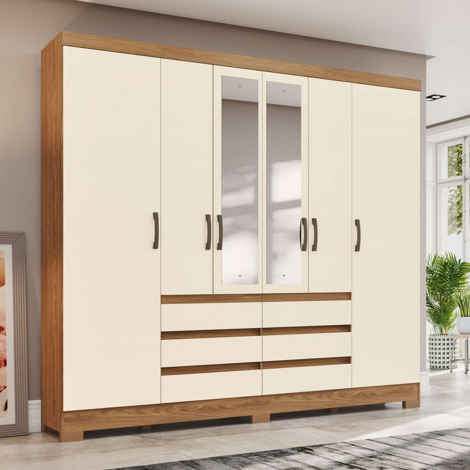 Guarda-roupa Casal 6 Portas E 6 Gavetas Com Espelho B355 Nature E Off White