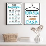 Kit 2 Quadros Lavanderia Soft - Azul 45x34cm - Com Vidro