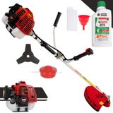 Máquina De Cortar Grama À Gasolina Kawashima Kw43-l 2t 43cc 1,7hp Roçadeira Com Lâmina 3 Pontas E Cabeçote Nylon + Óleo Stihl 2t