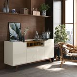 Buffet Aparador 4 Portas Com Adega Pés Em Madeira Maciça Luxo 152cm Cor:off White E Freijó