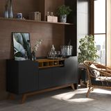Buffet Aparador 4 Portas Com Adega Pés Em Madeira Maciça Luxo 152cm Cor:preto E Freijó